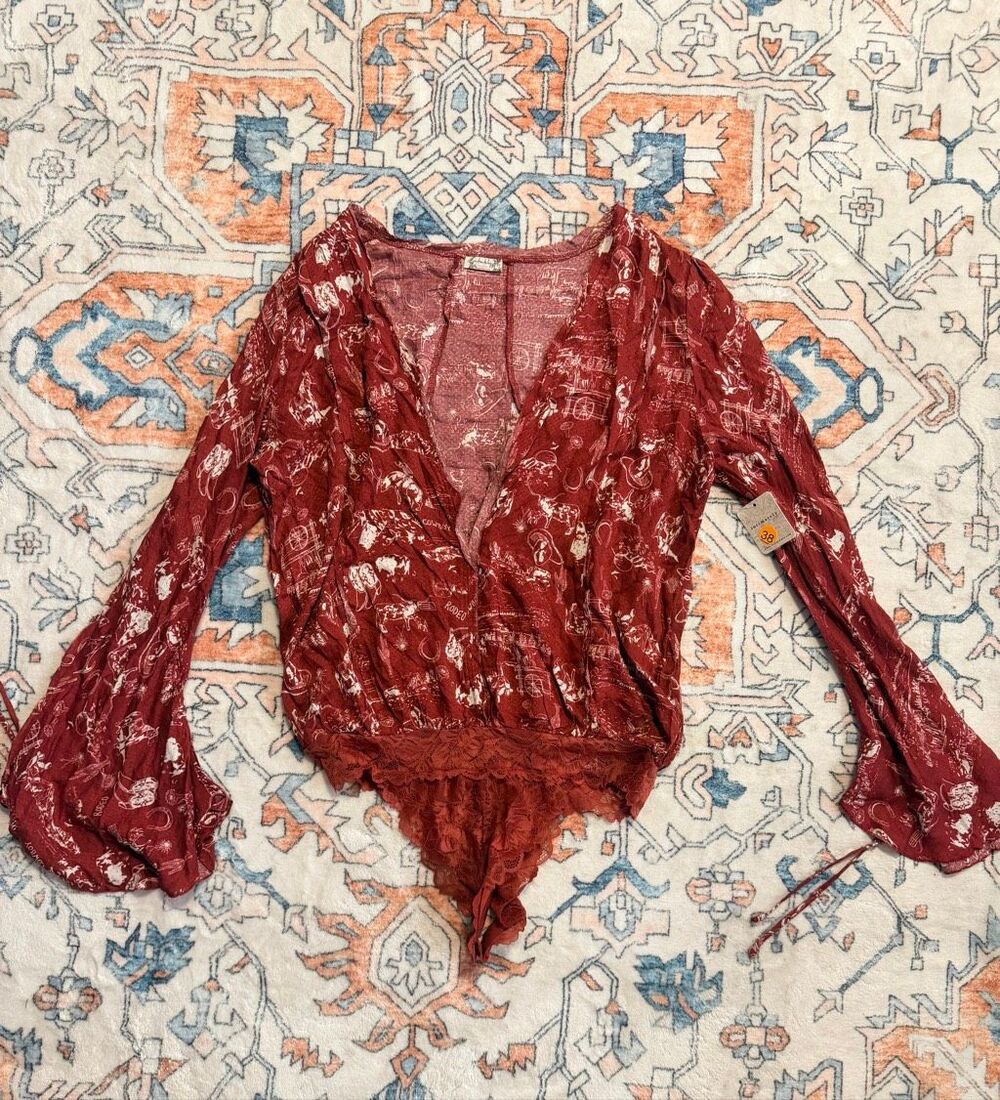 Free People Intimately Long Sleeve Sheer Lace Bodysuit Rustic Combo Wine Size M